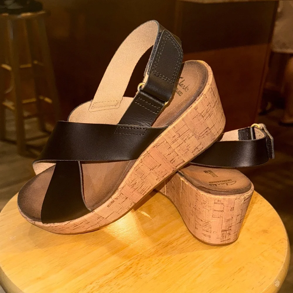 Clarks Black Leather Wedge Sandals - Picture 2 of 6